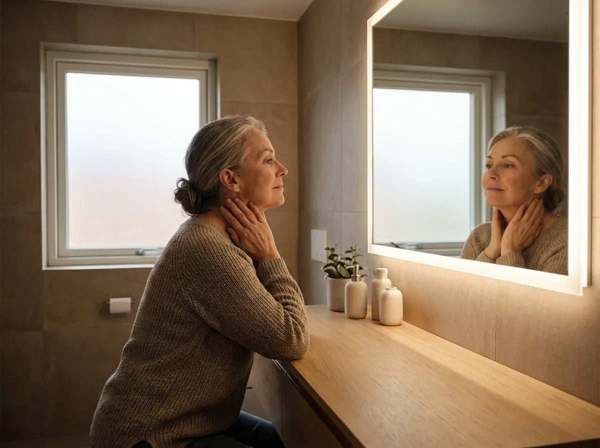 Frau betrachtet ihren Hals im Spiegel